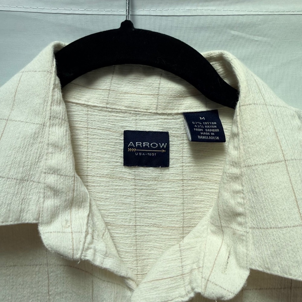 Arrow Mens Short Sleeve Button Down Shirt‎ Cream Bamboo Cotton Windowpane Medium - Picture 2 of 9